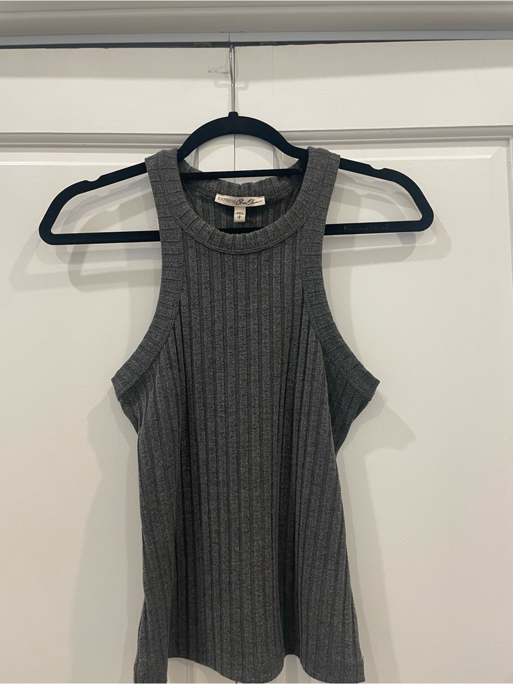 Express Ribbed High-Neck Tank Top in Charcoal Gray